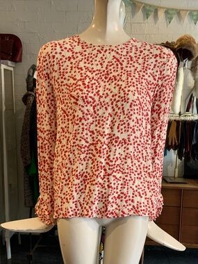 Ganni Cream and Red Floral Long-Sleeve Top
